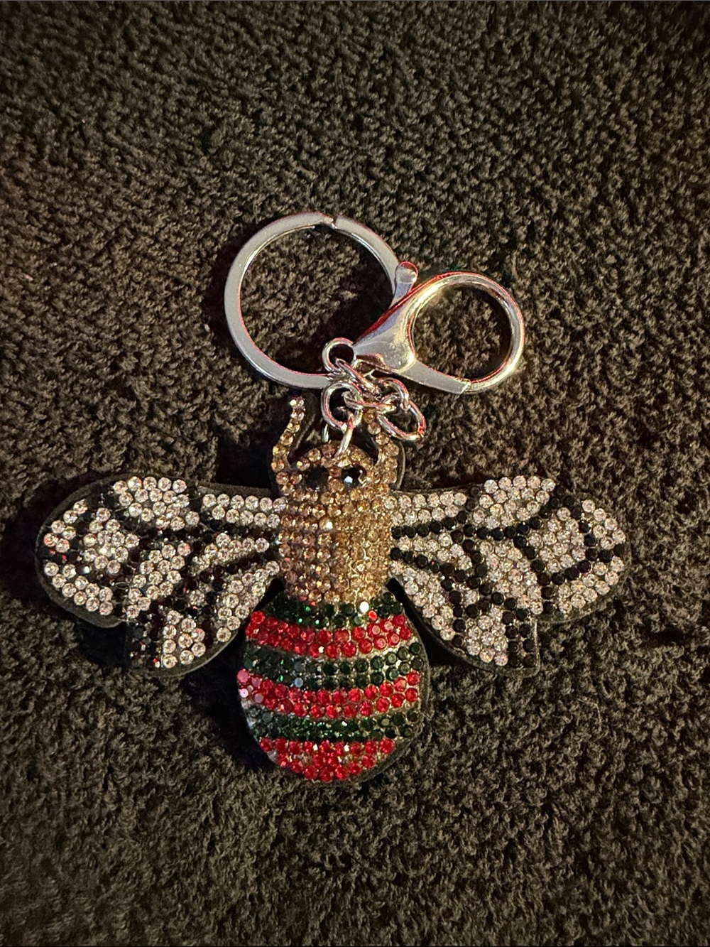 Crystal Bee Keychain with Red and Green Striped Body